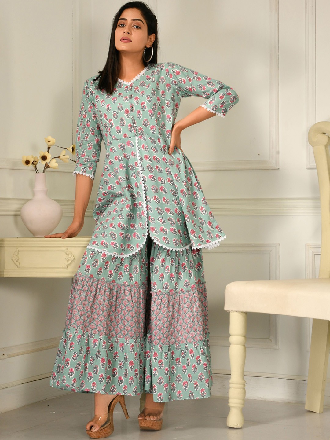 

Disli Floral Printed Empire Pure Cotton Kurti with Sharara, Sea green