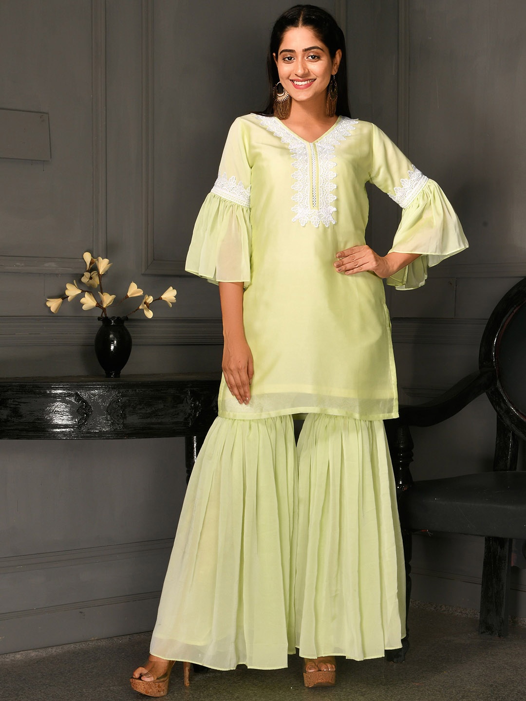 

Disli Ethnic Motifs Yoke Design Regular Kurti with Sharara, Sea green