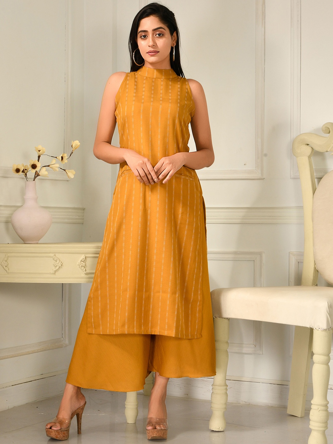 

Disli Striped Band Collar Regular Pure Cotton Kurta with Palazzos, Mustard