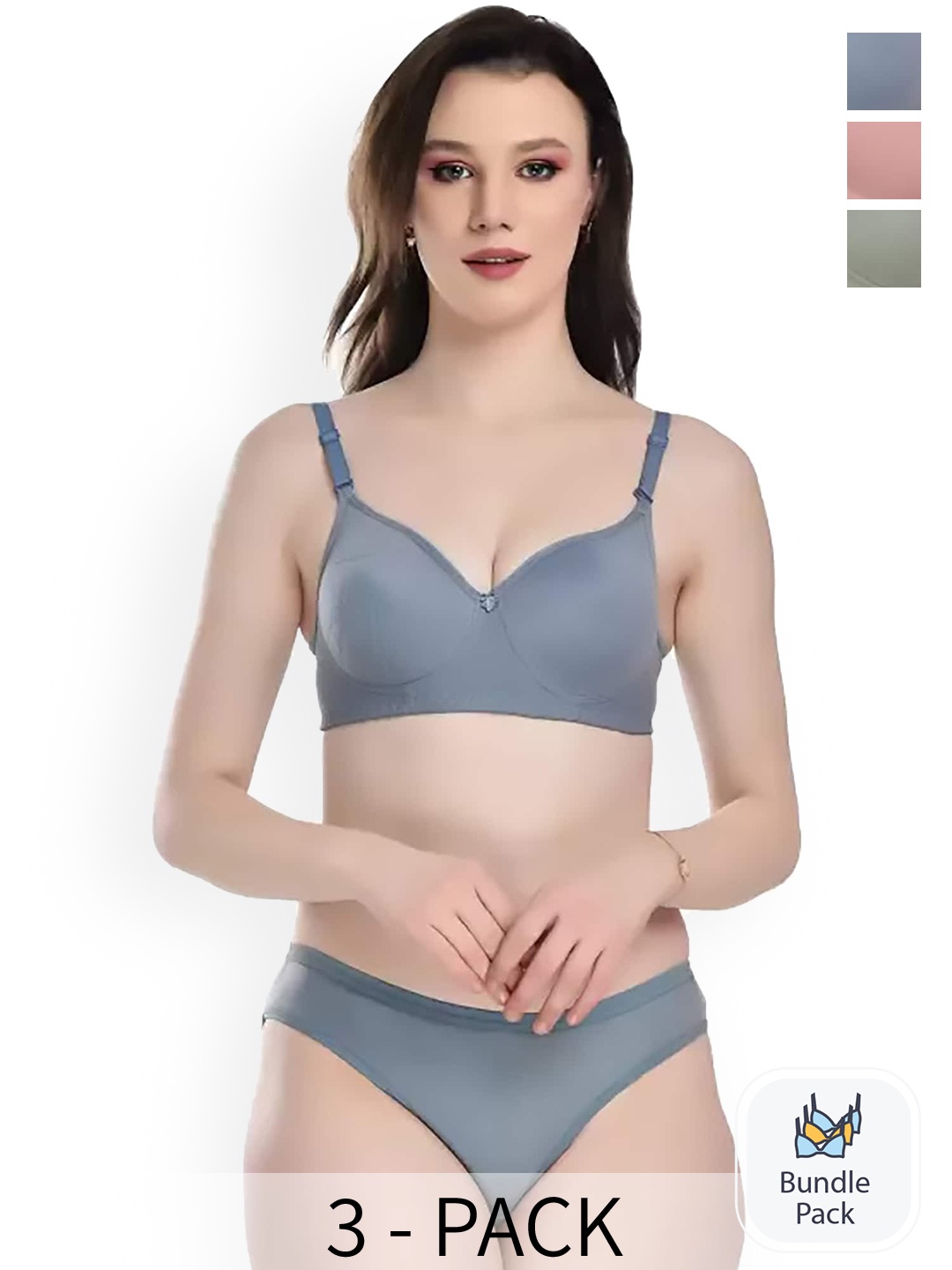 

PIBU Pack Of 3 Lightly Padded Cotton Lingerie Set, Blue