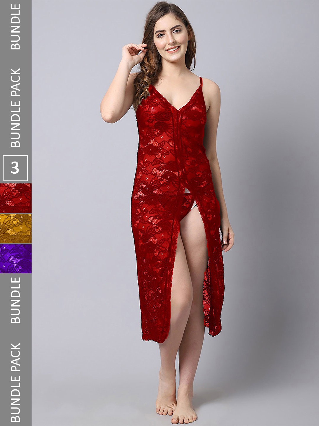 

AROUSYPack Of 3 Self Design Net Baby Doll, Red