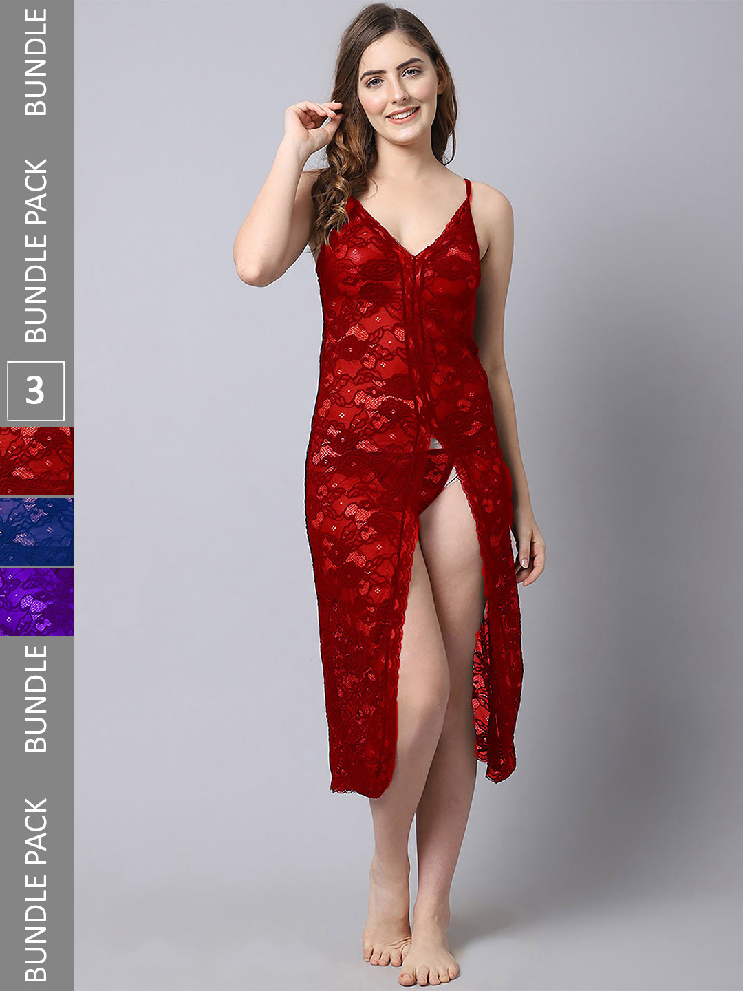 

AROUSY Pack Of 3 Self Design Net Baby Doll, Red