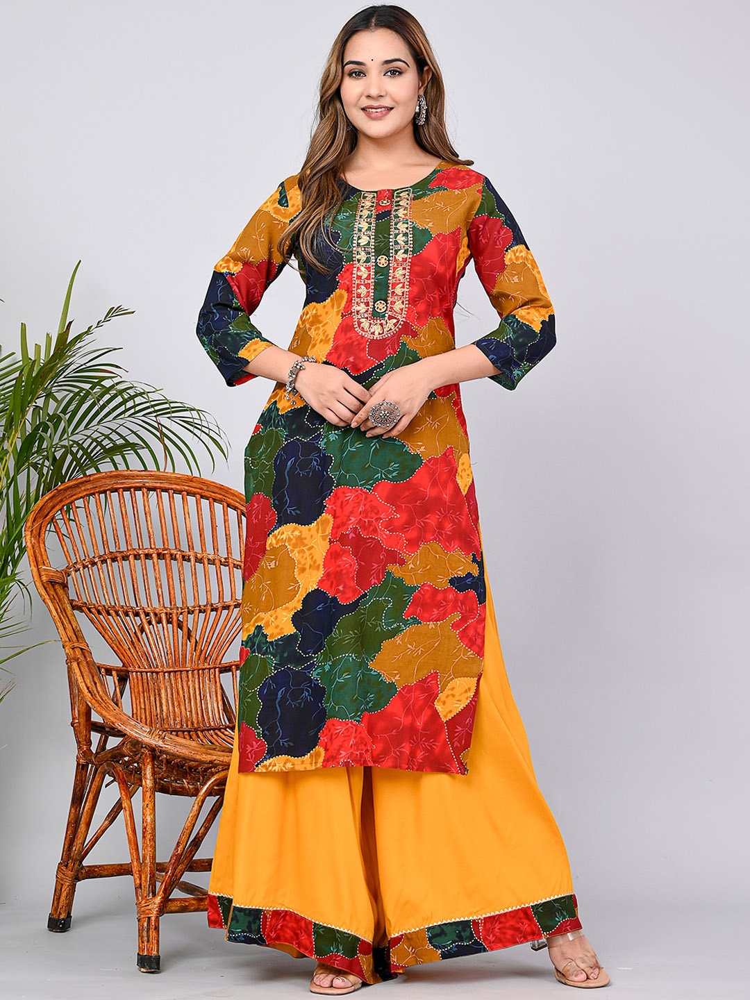 

KPF Floral Printed Sequinned Detailed Straight Kurta With Palazzos, Yellow