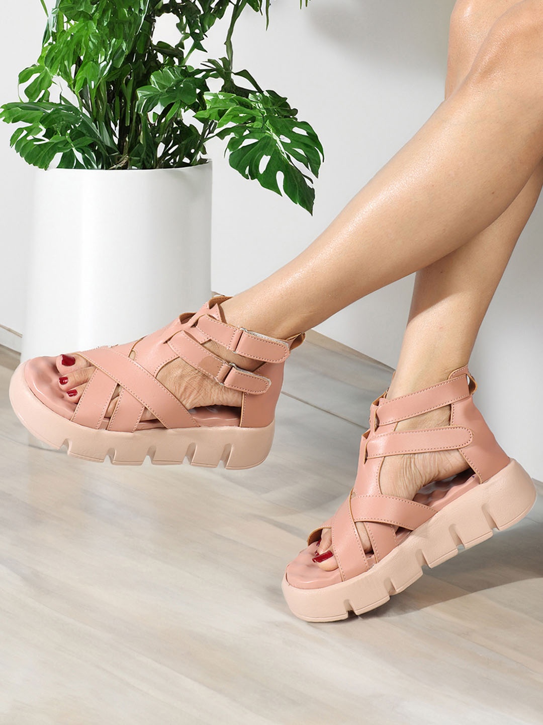 

Denill Open Toe Gladiator Cross Straps Flats, Peach