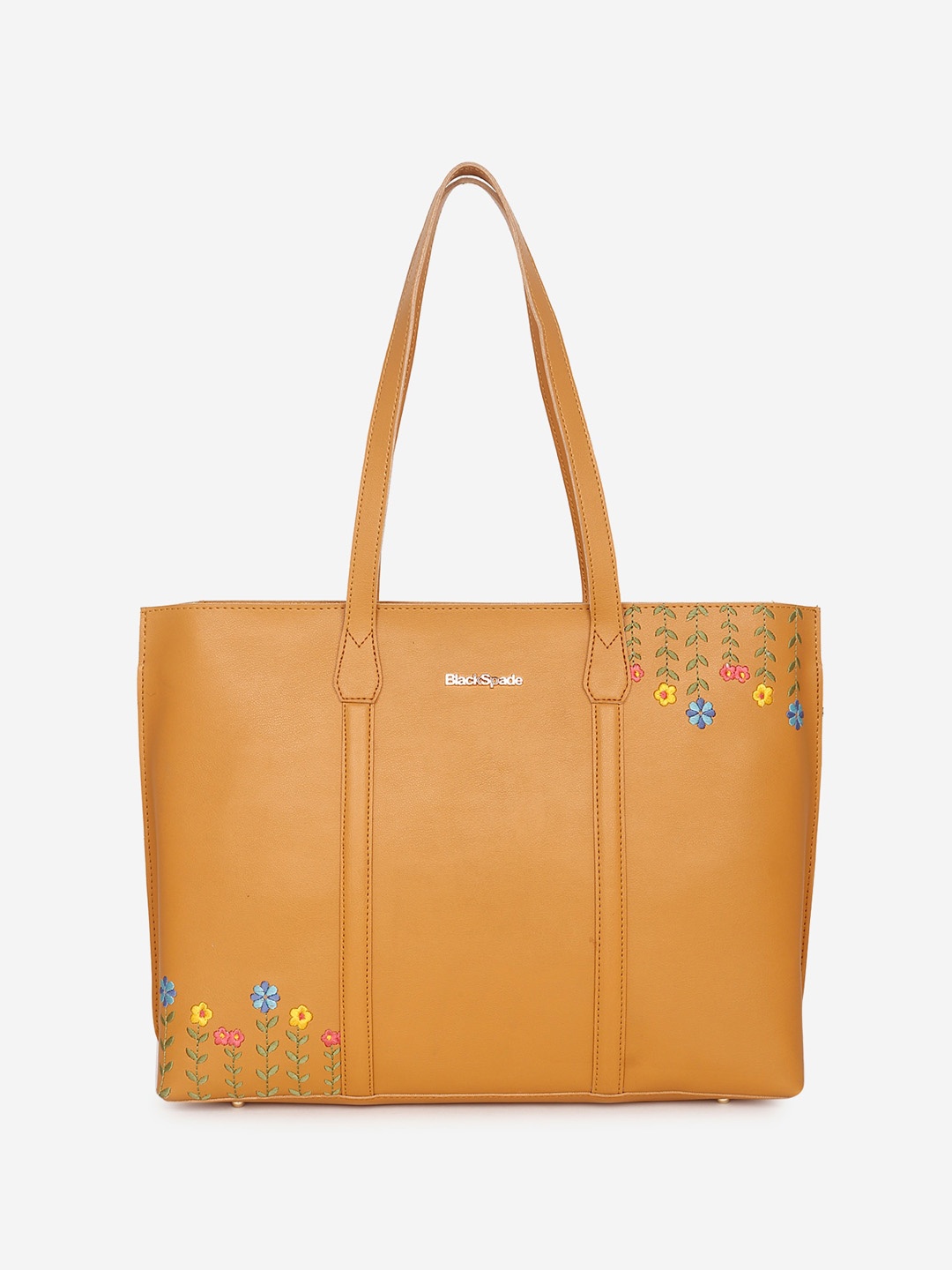 Black Spade PU Oversized Floral Embroidered Structured Shoulder Bag, Yellow