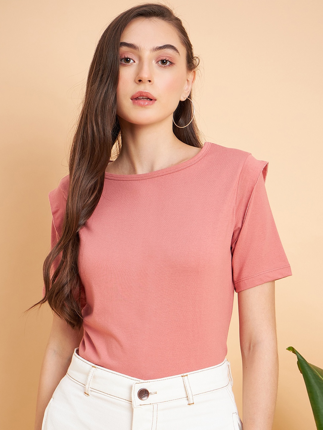 

MINT STREET Women Rust Extended Sleeves Pockets T-shirt