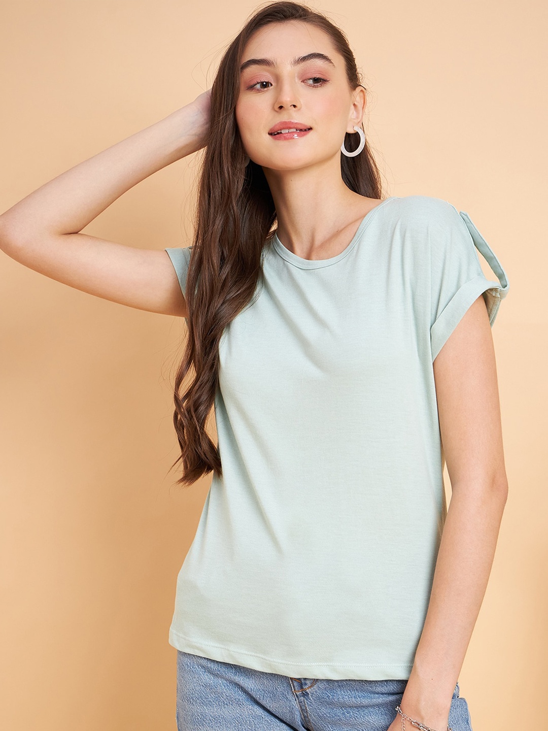 

MINT STREET Round Neck Roll-Up Sleeves Pure Cotton Casual T-shirt, Green