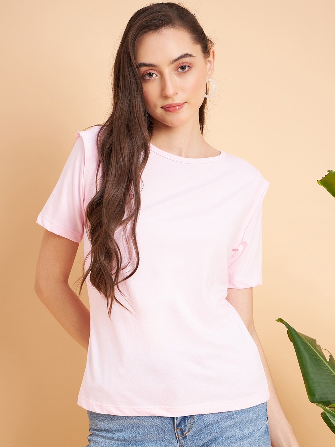 

MINT STREET Women Pink V-Neck Drop-Shoulder Sleeves Pockets T-shirt