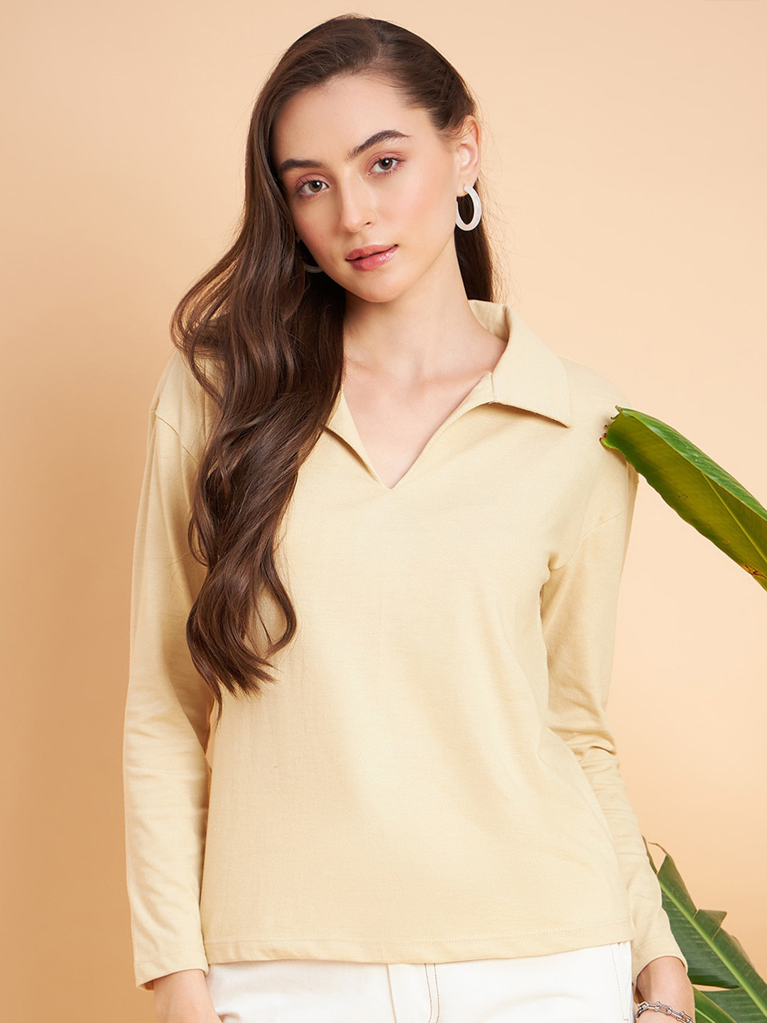 

MINT STREET Spread Collar Drop-Shoulder Sleeves Pure Cotton Casual T-shirt, Cream