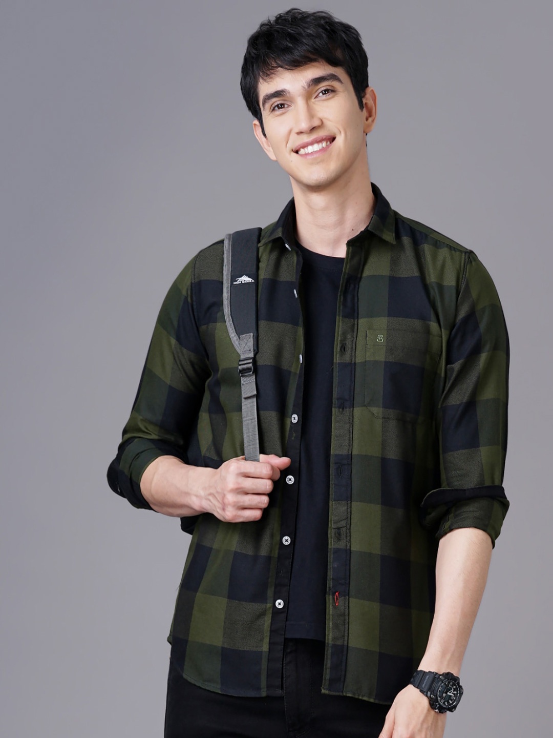

PAUL STREET Standard Slim Fit Checked Casual Cotton Shirt, Green