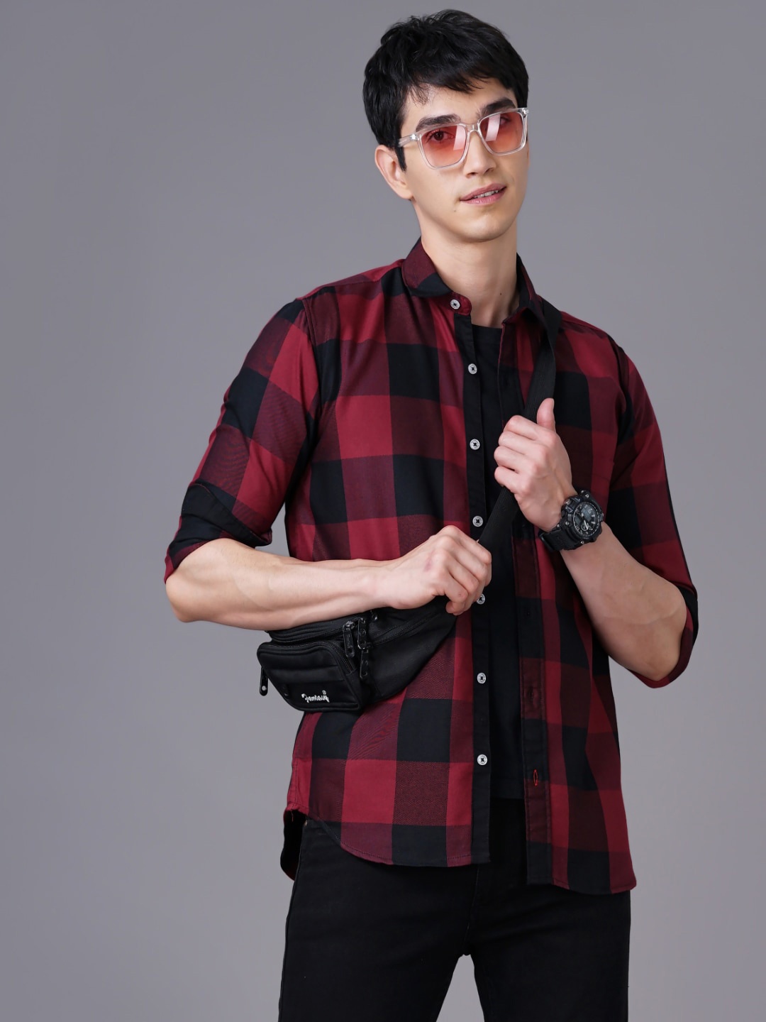 

PAUL STREET Standard Slim Fit Buffalo Checked Casual Cotton Shirt, Red