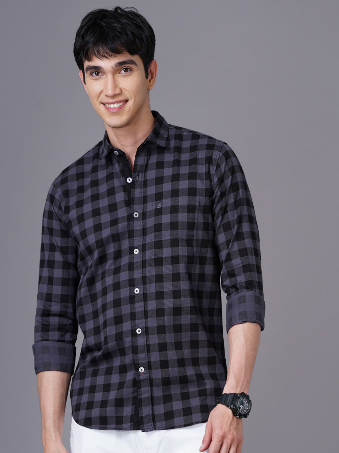 

PAUL STREET Men Checked Standard Slim Fit Cotton Casual Shirt, Grey