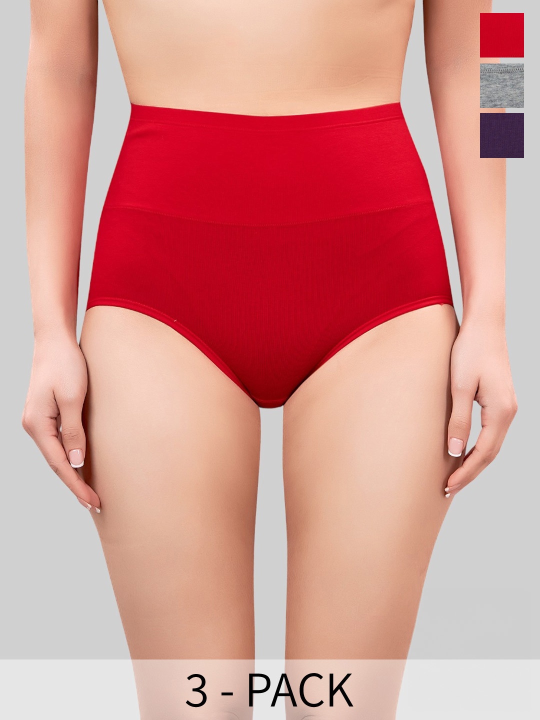 

PLUMBURY Pack Of 3 High Waist Cotton Tummy Tucker Panty, Red