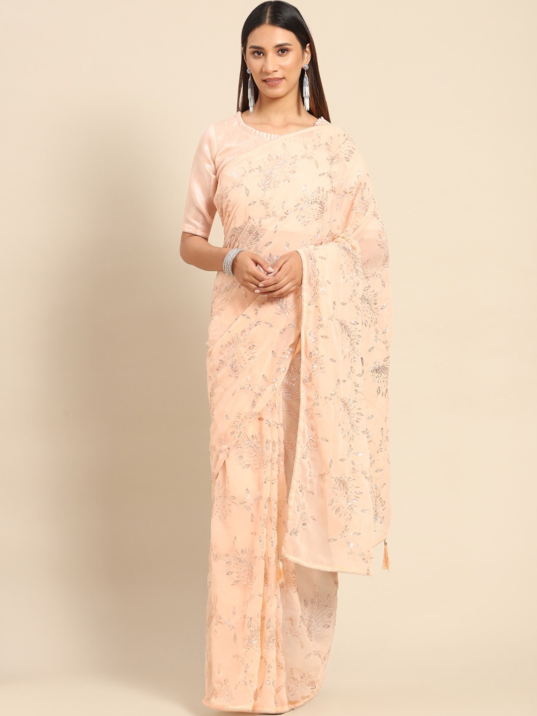 

Mitera Floral Embroidered Sequinned Pure Georgette Saree, Peach