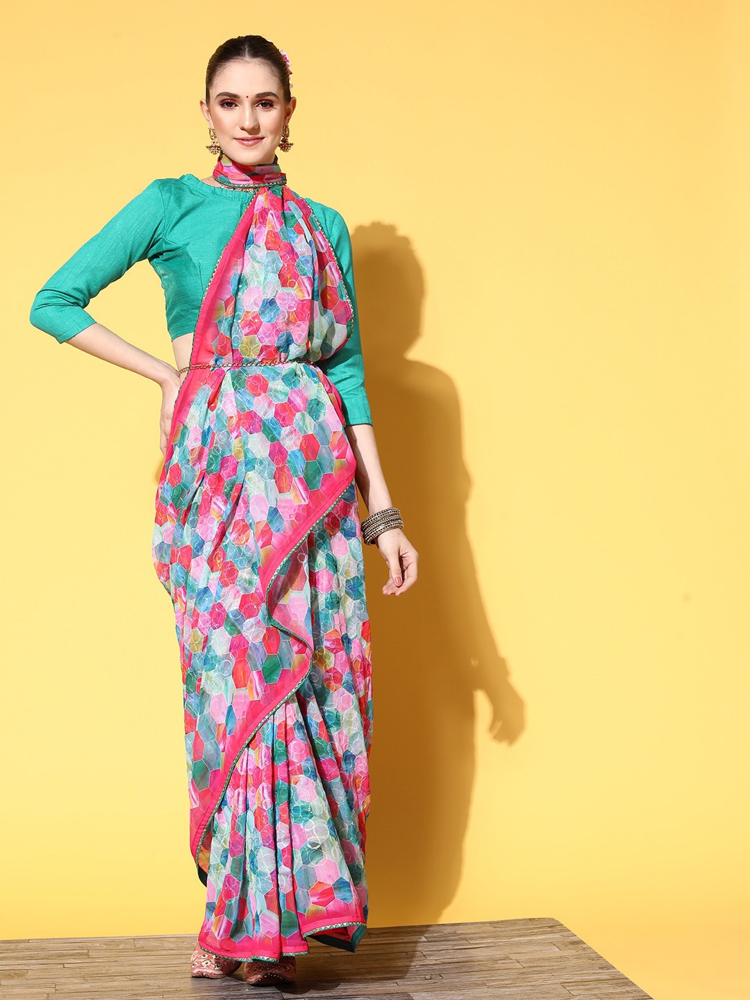 

Mitera Pink & Blue Geometric Printed Pure Georgette Saree