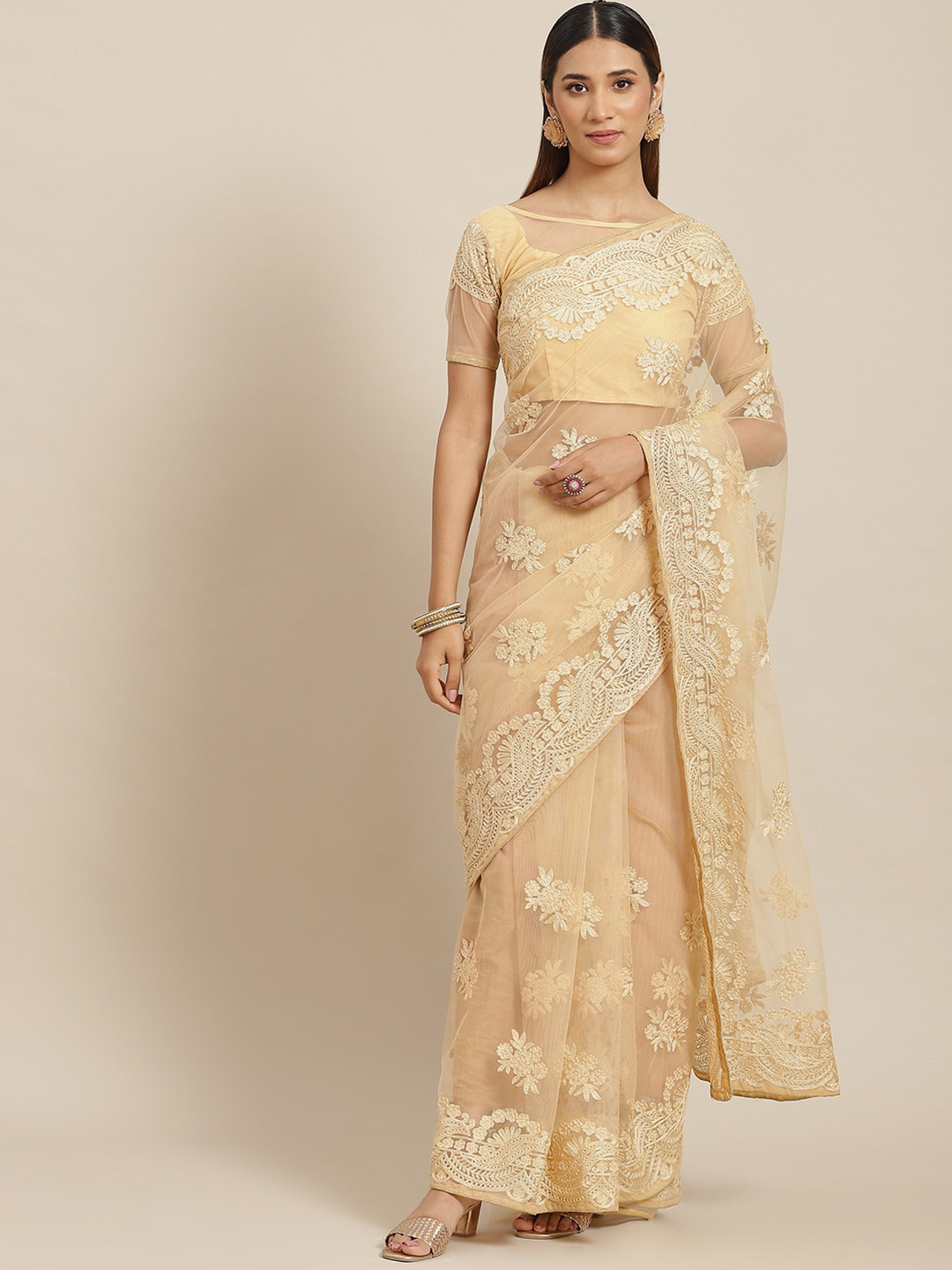

Mitera Yellow Floral Embroidered Net Saree