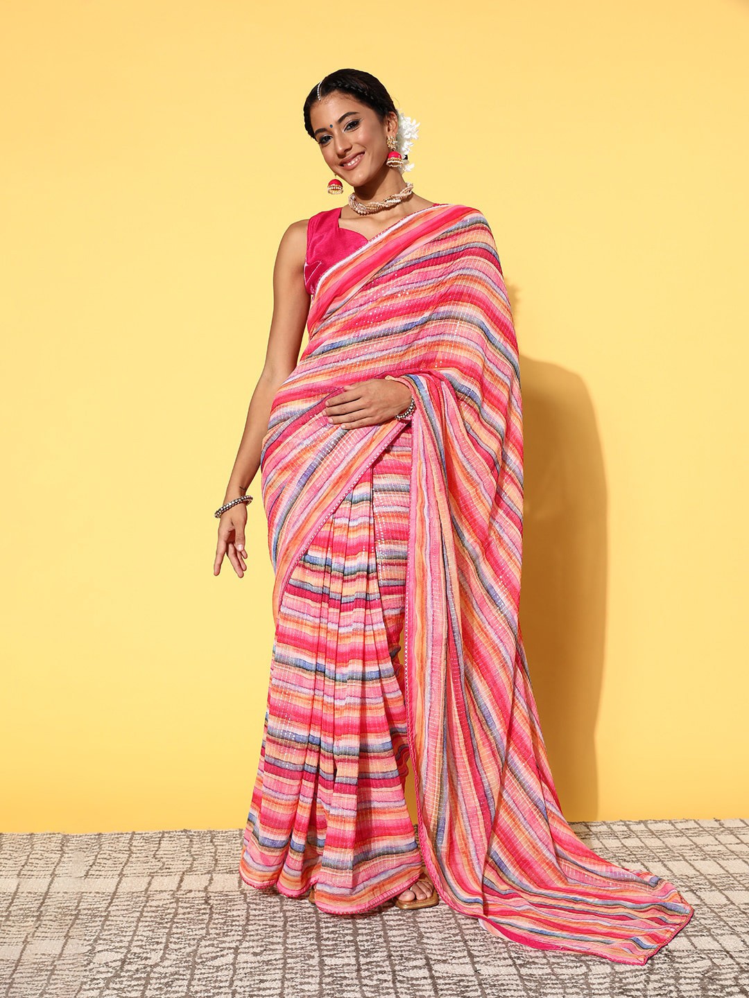 

Mitera Striped Sequinned Pure Georgette Saree, Pink