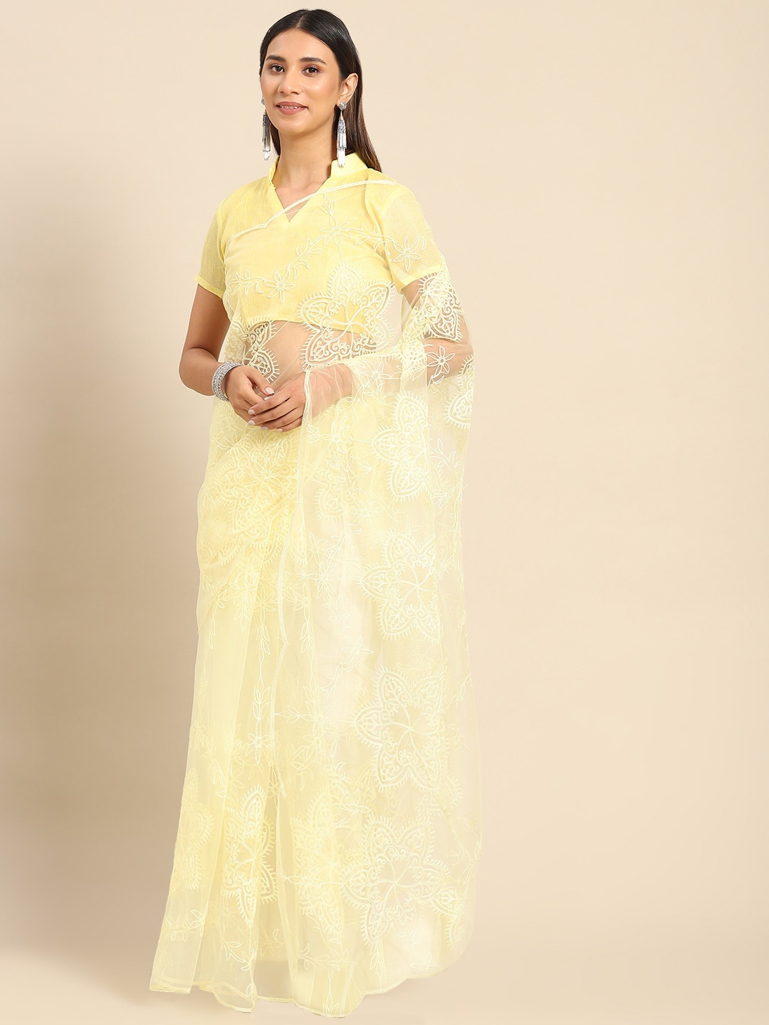 

Mitera Floral Embroidered Net Saree, Yellow