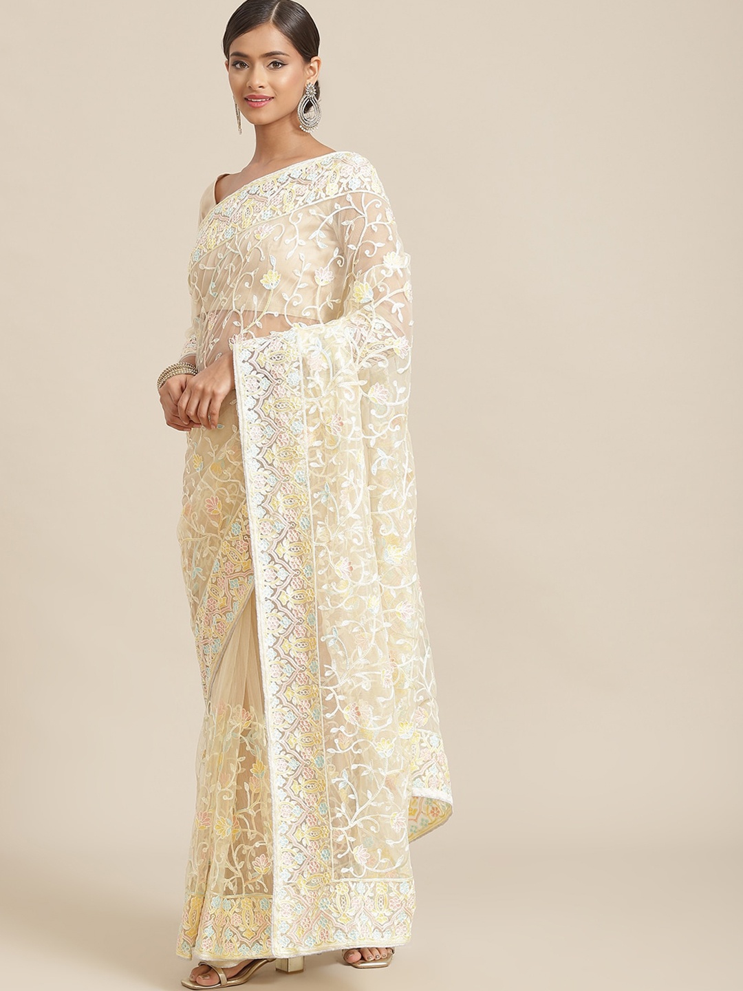 

Mitera Floral Embroidered Net Saree, Cream