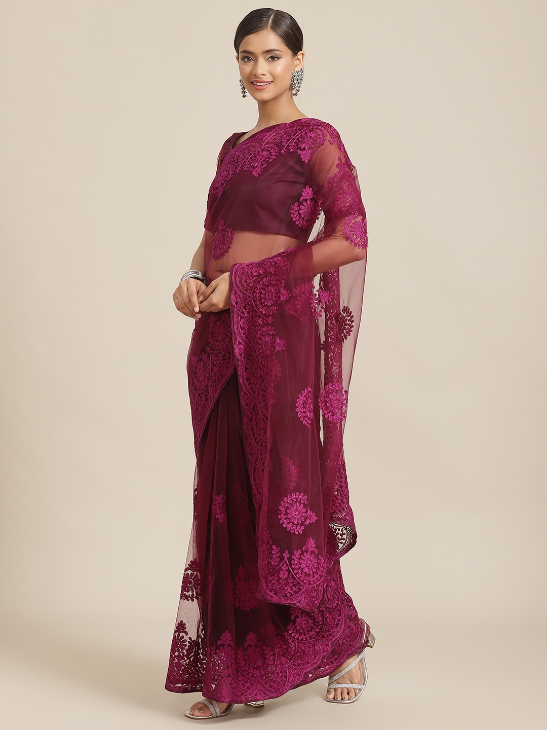 

Mitera Ethnic Motifs Embroidered Net Saree, Purple