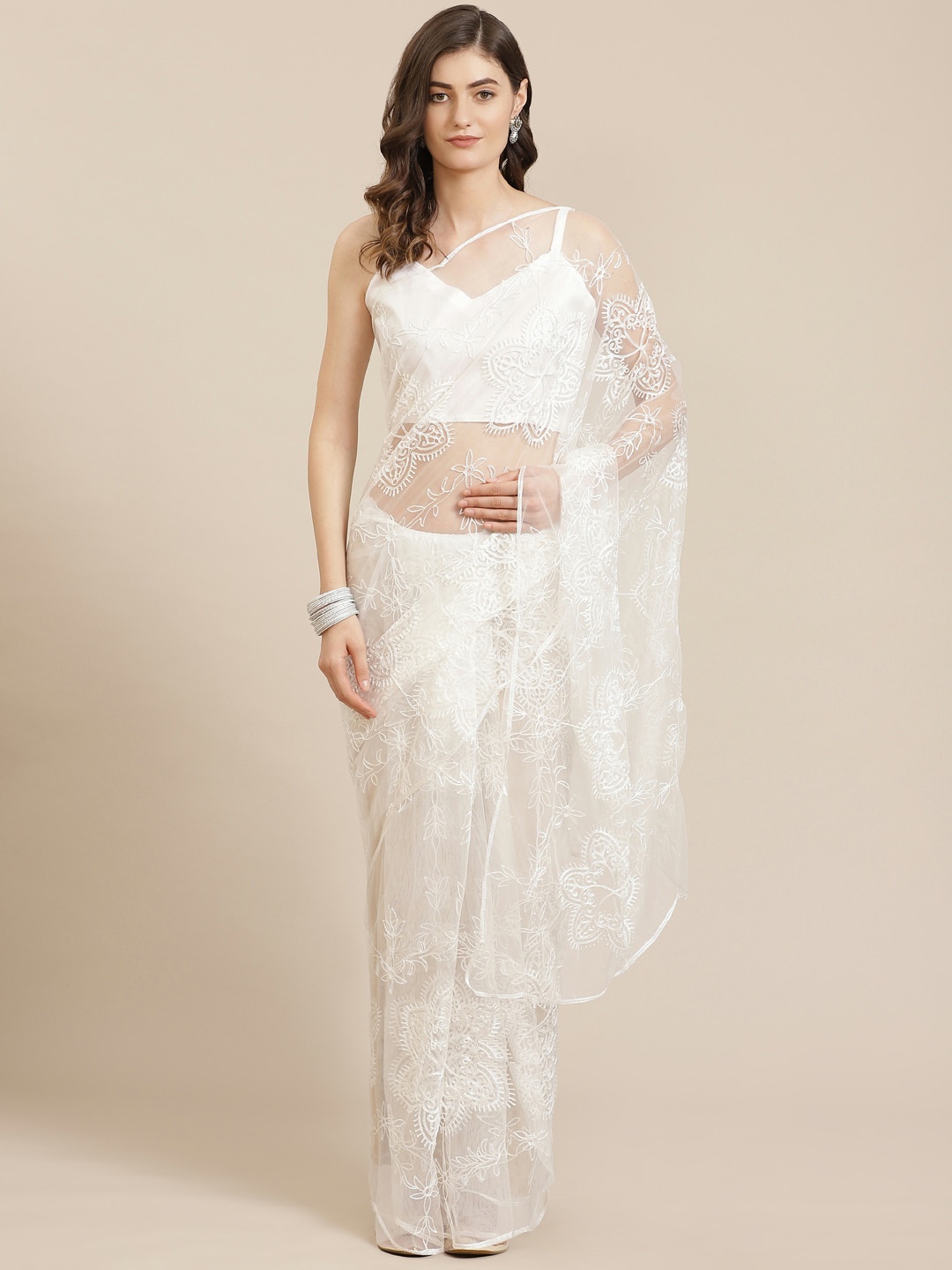 

Mitera White Ethnic Motifs Embroidered Net Saree