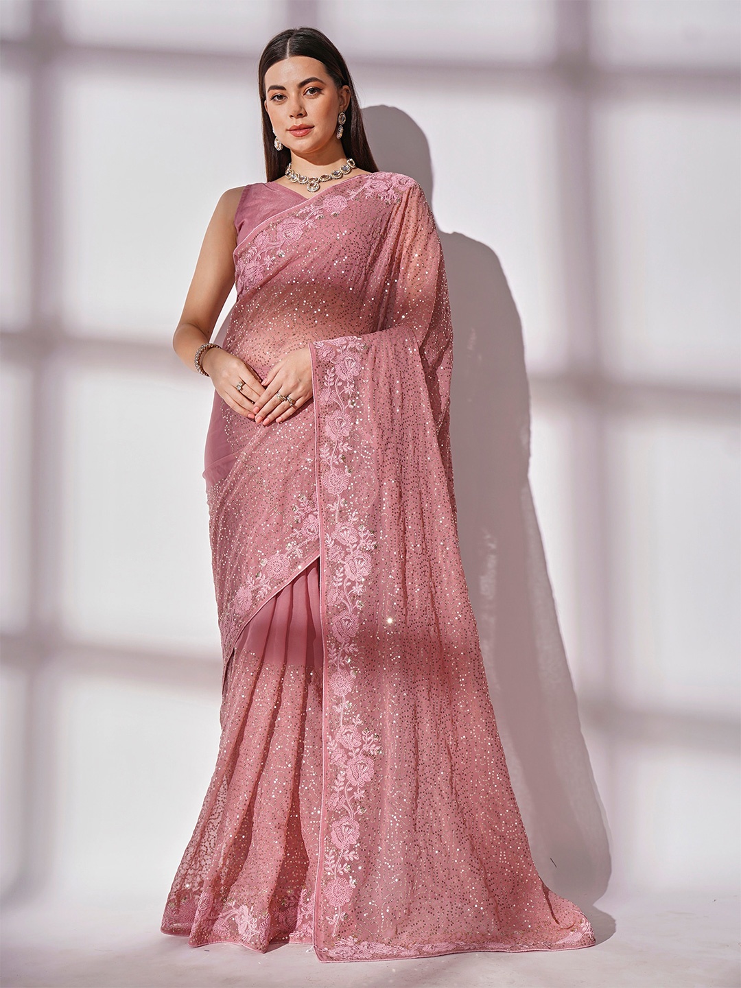 

Mitera Pink Embellished Sequinned Pure Georgette Saree