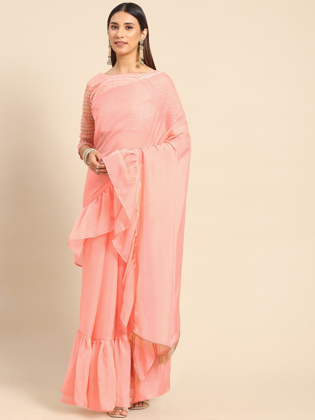 

Mitera Ruffles Organza Saree, Peach