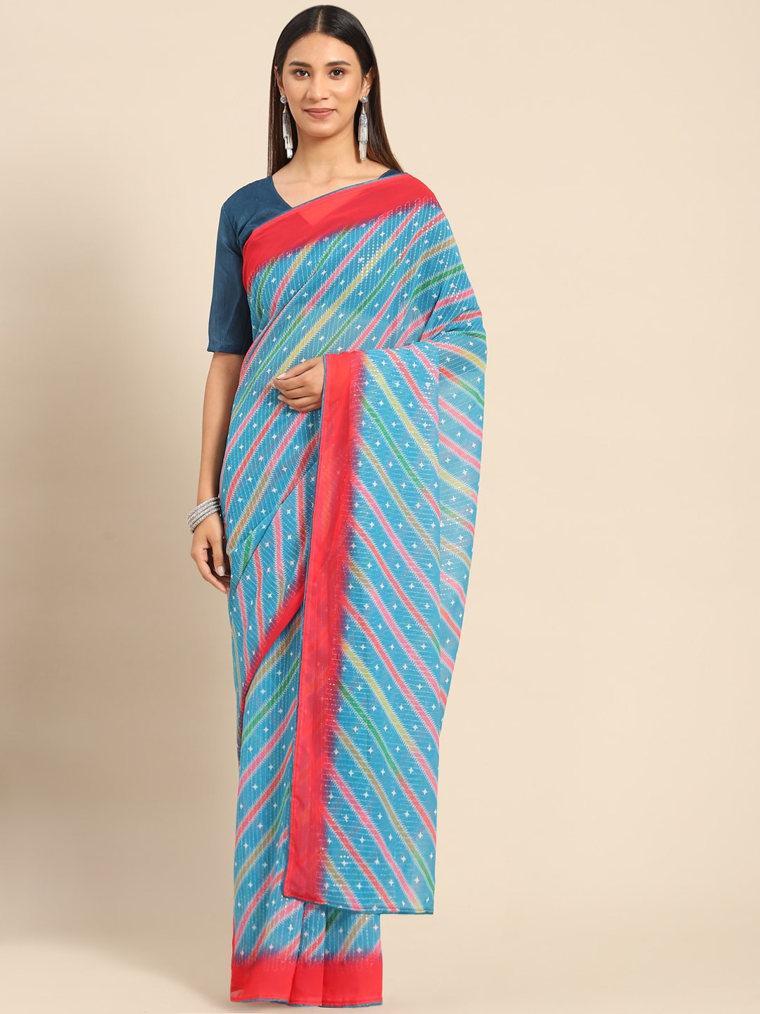 

Mitera Striped Sequinned Pure Georgette Saree, Blue