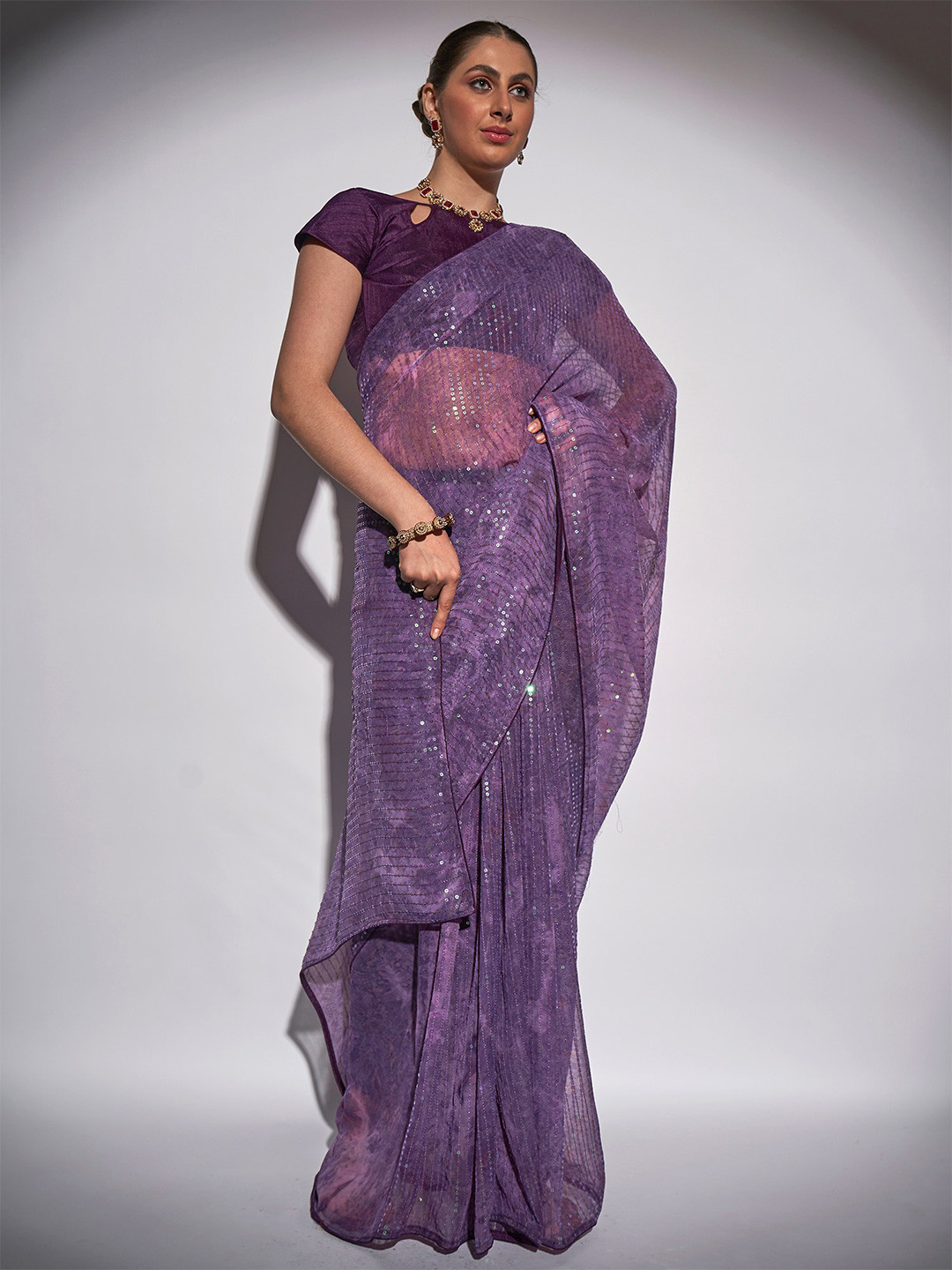 

Mitera Embellished Sequinned Pure Georgette Saree, Purple