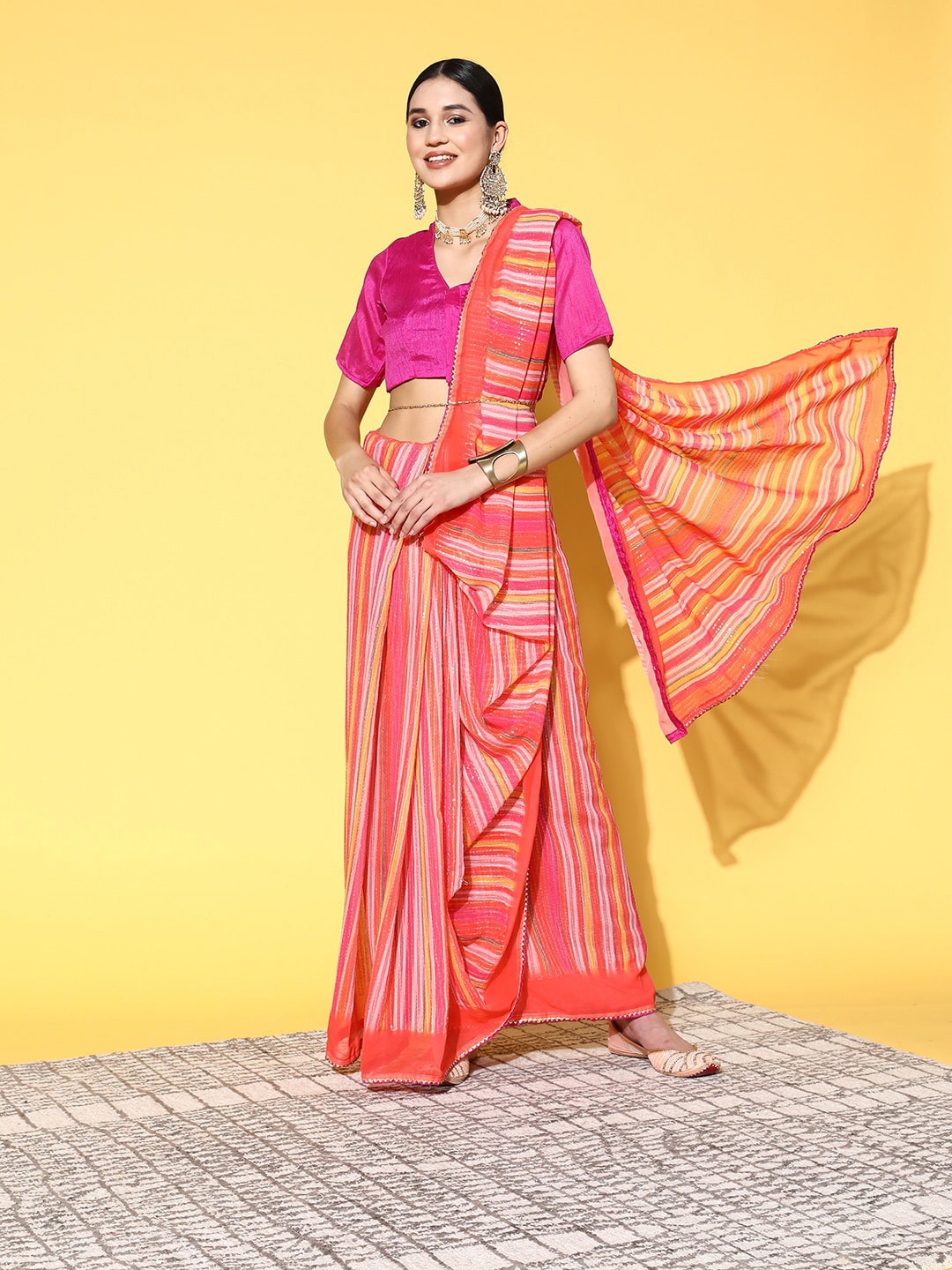 

Mitera Orange & Pink Striped Sequinned Pure Georgette Saree