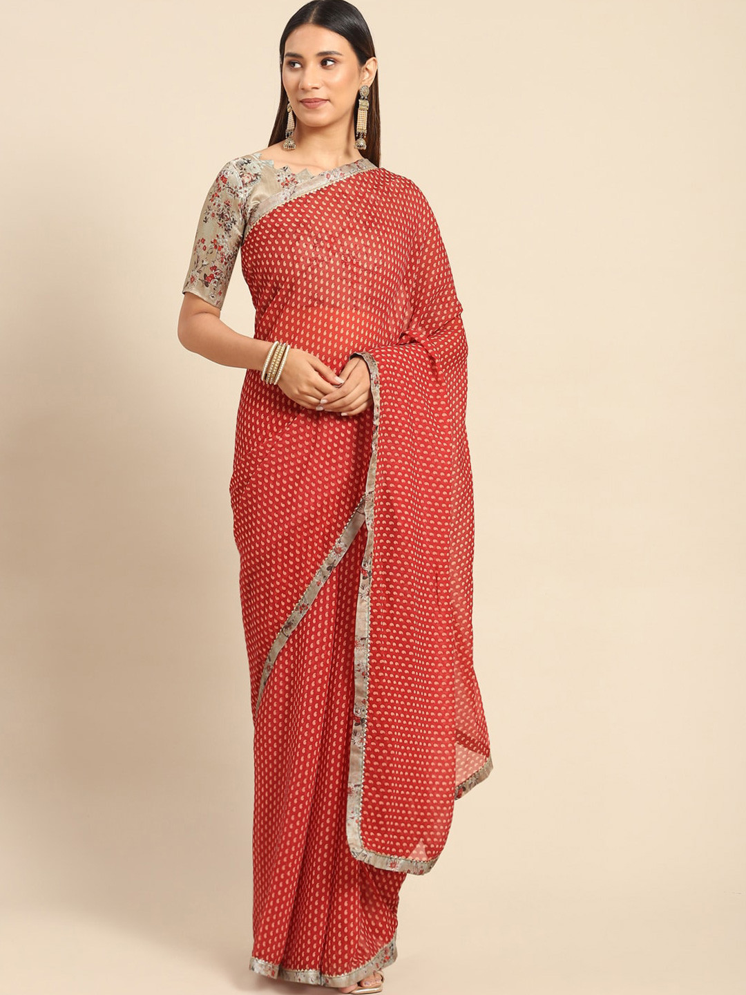 

Mitera Paisley Printed Gotta Patti Pure Georgette Saree, Red
