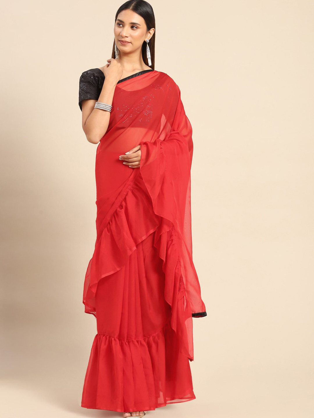 

Mitera Ruffled Organza Saree, Red