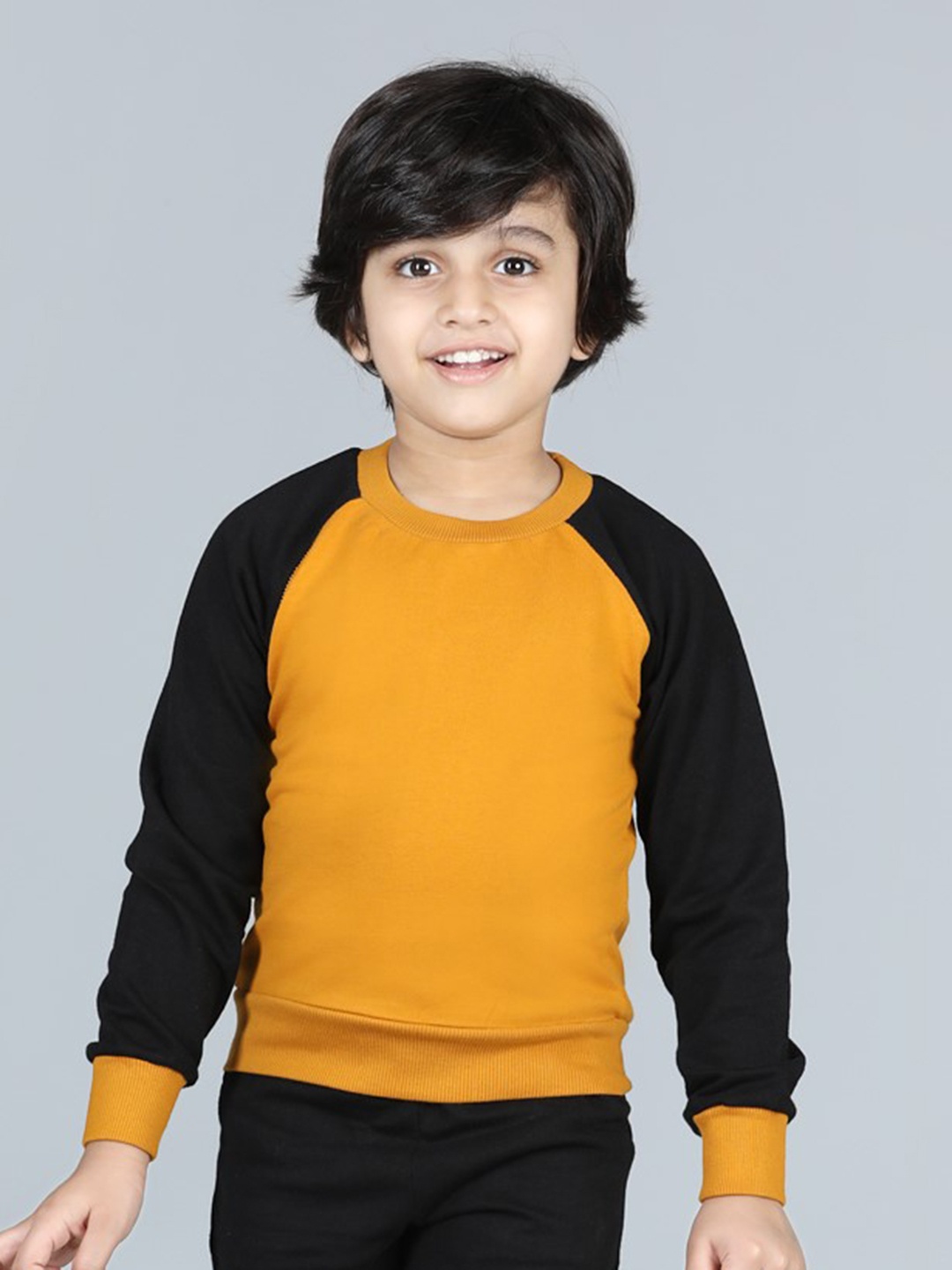 

AWW HUNNIE Boys Colourblocked Raglan Sleeves Cotton Casual Sweatshirt, Mustard