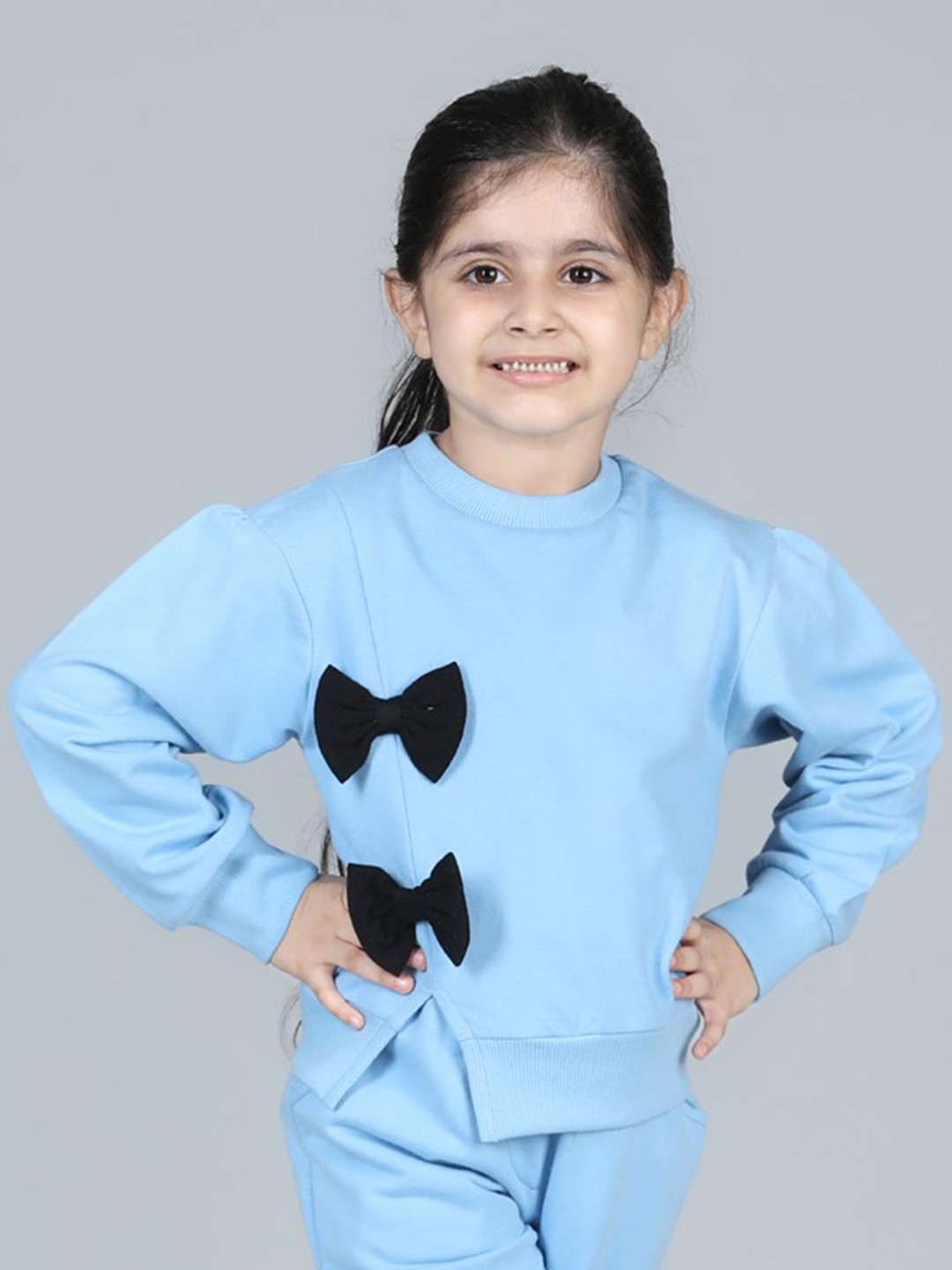 

AWW HUNNIE Girls Round Neck Puff Sleeves Pullover Cotton Sweatshirt, Blue