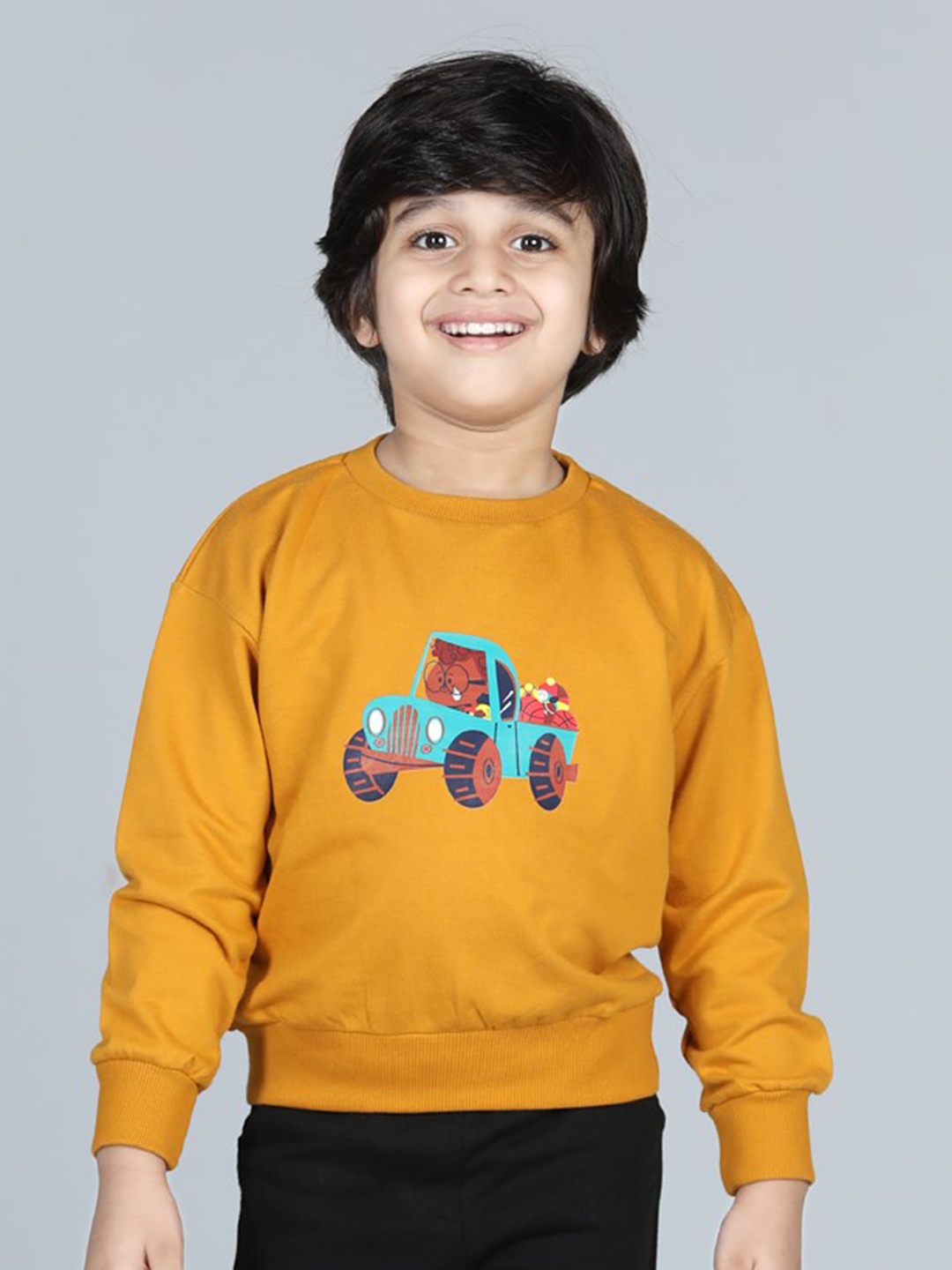 

AWW HUNNIE Boys Graphic Printed Cotton Pullover Sweatshirt, Mustard