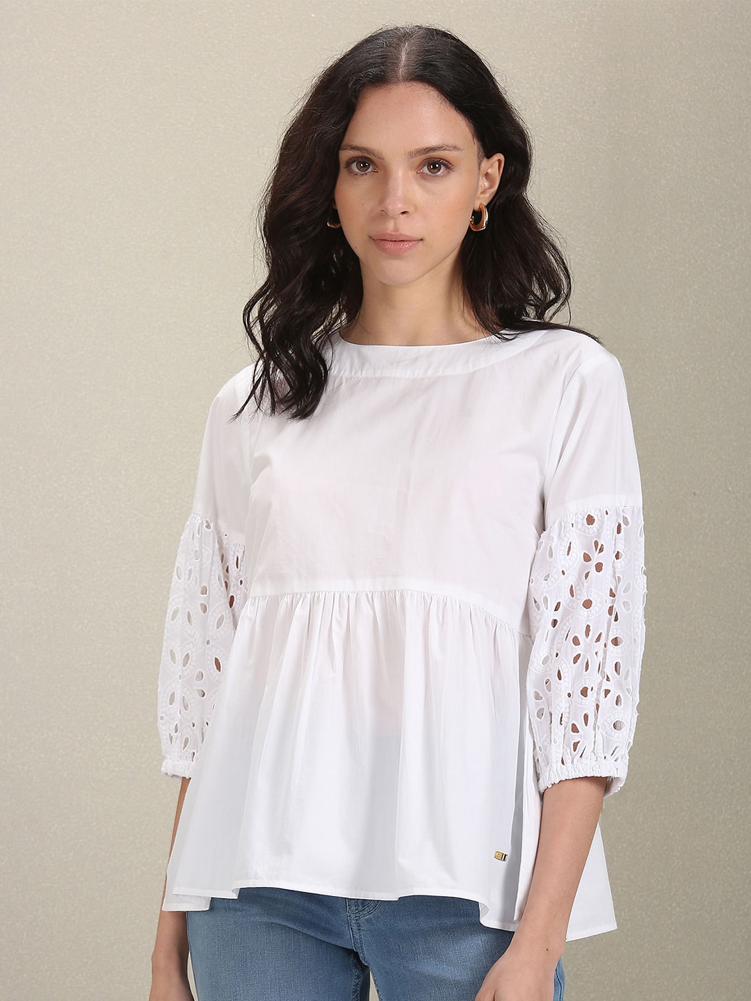 

U.S. Polo Assn. Women Self Design Puff Sleeves Schiffli Cotton Peplum Top, White