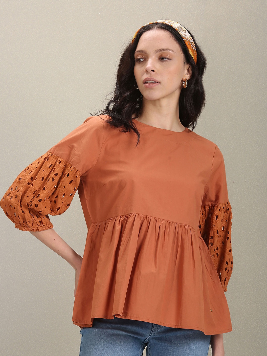 

U.S. Polo Assn. Women Self Design Puff Sleeves Schiffli Cotton Peplum Top, Rust