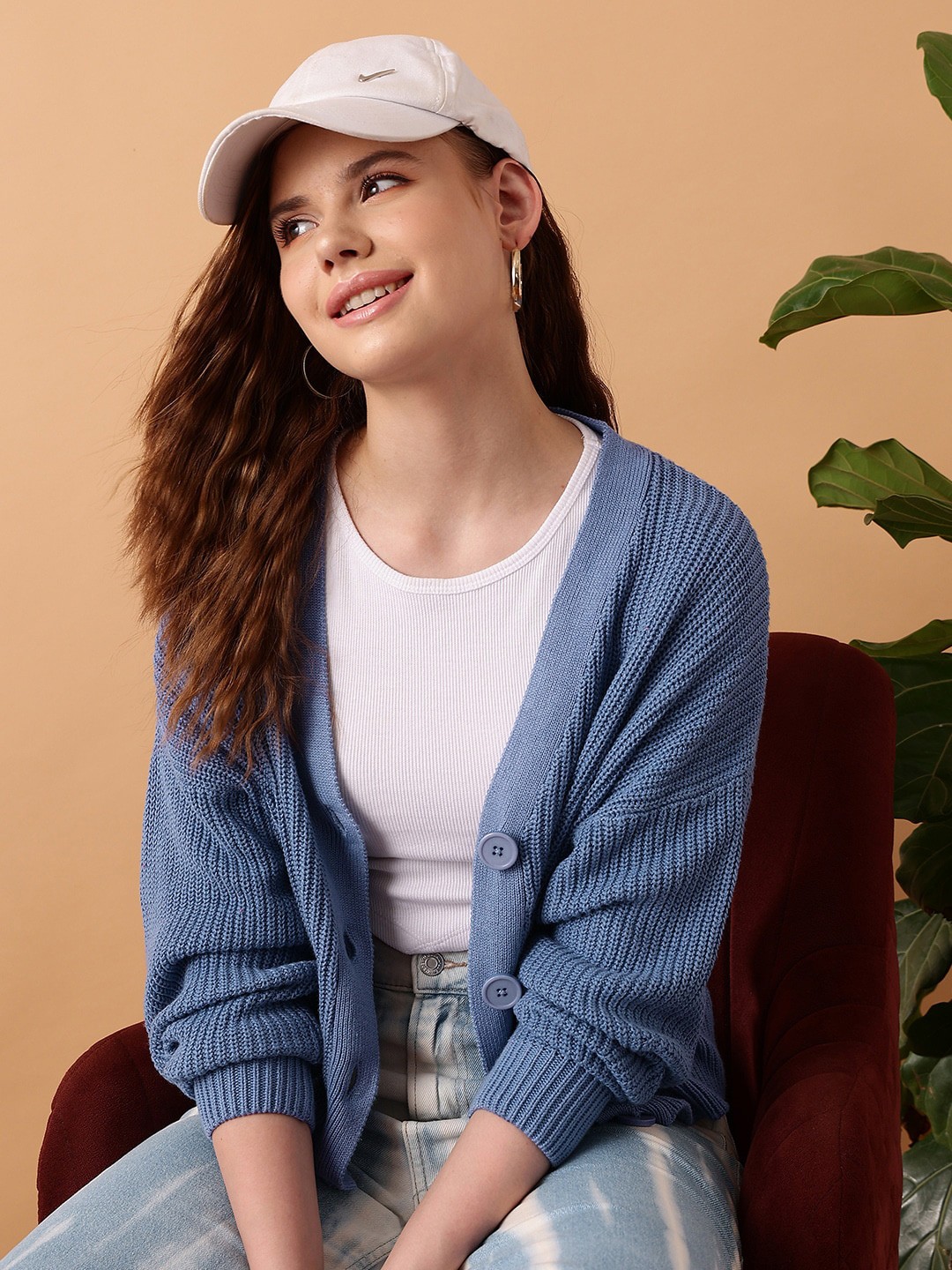 

STREET 9 Ribbed V-Neck Acrylic Cardigan, Blue