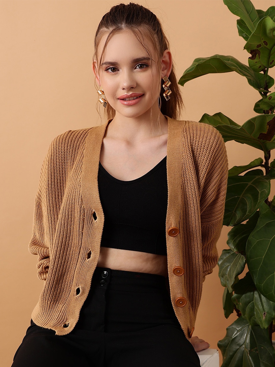 

STREET 9 Ribbed V-Neck Cardigan Acrylic Sweater, Brown