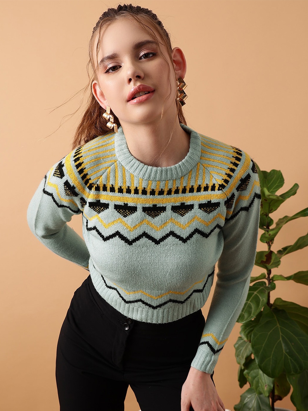 

STREET 9 Printed Crop Acrylic Sweater, Green