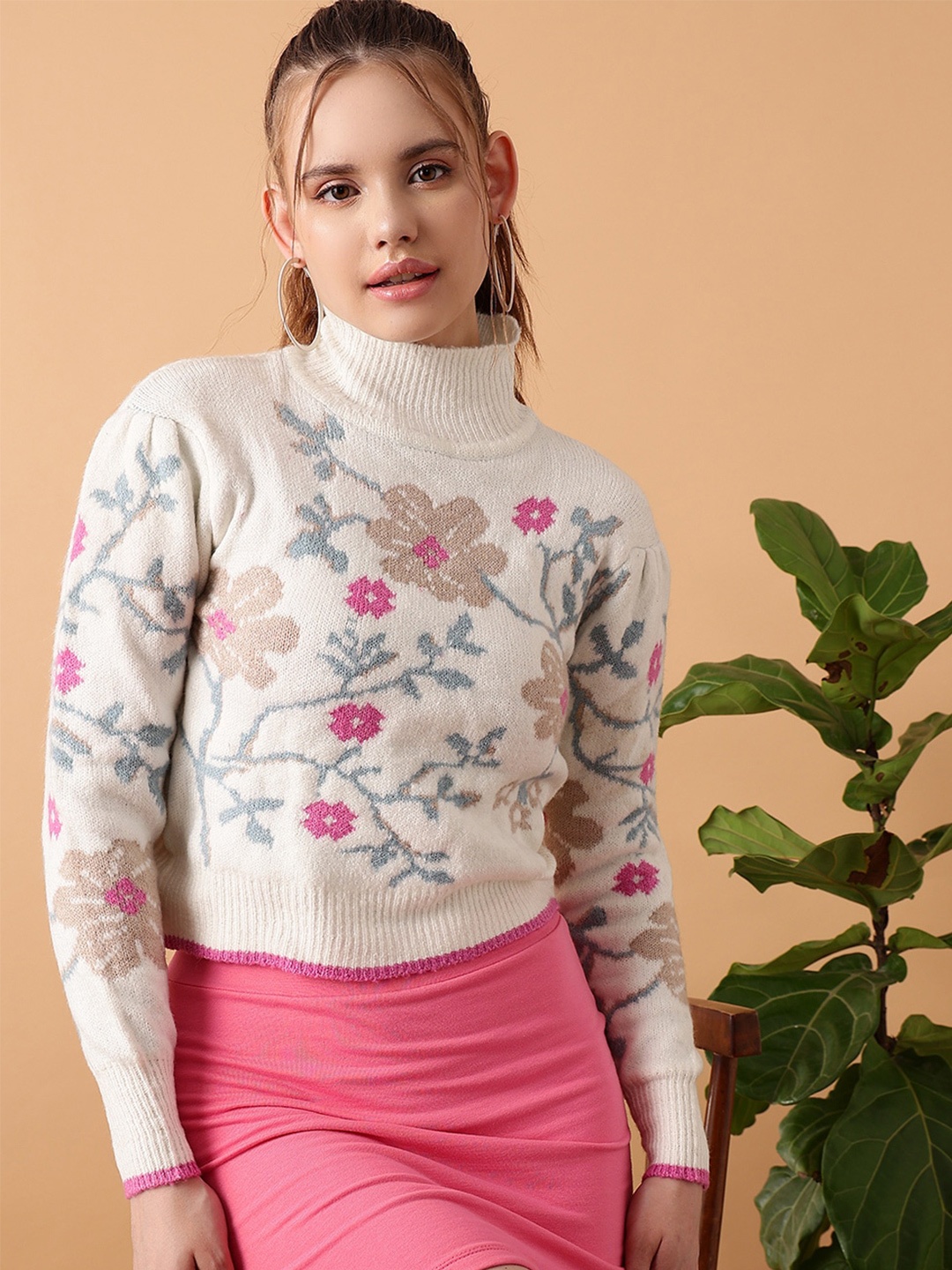 

STREET 9 Floral Printed Turtle Neck Crop Acrylic Pullover Sweater, Cream