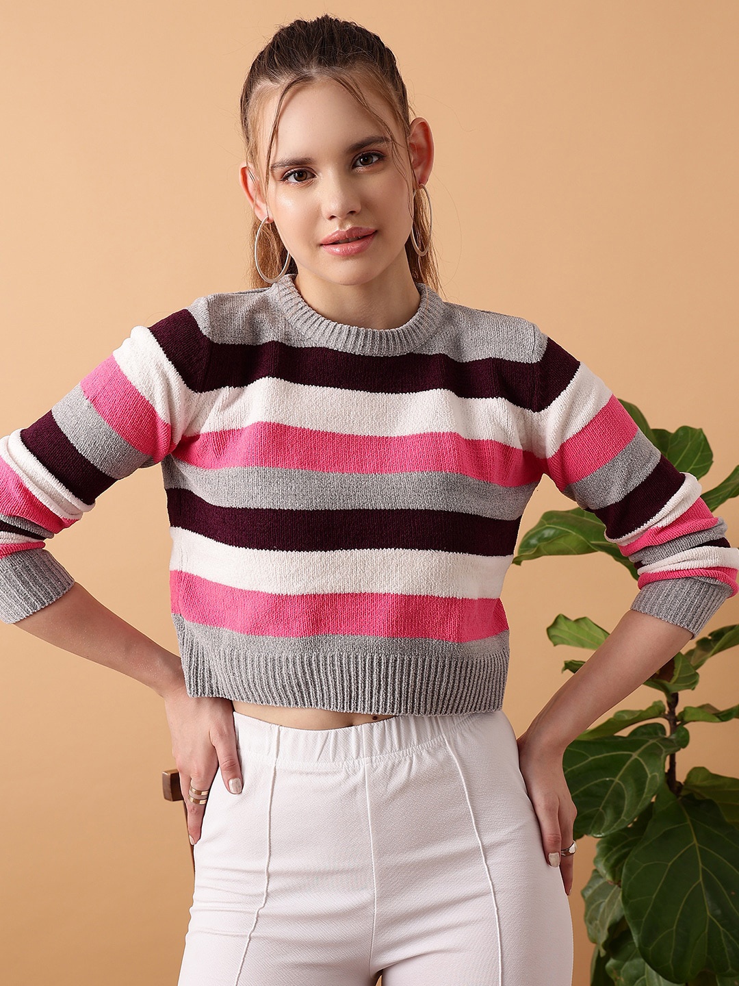 

STREET 9 Striped Crop Acrylic Sweater, Grey