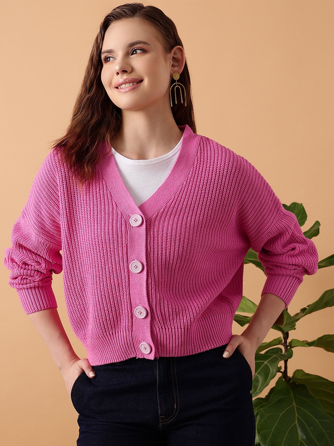 

STREET 9 V-Neck Ribbed Acrylic Cardigan, Pink