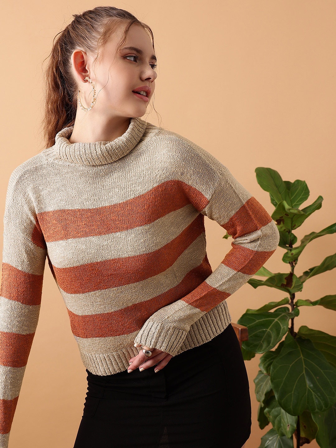 

STREET 9 Striped Turtle Neck Ribbed Acrylic Pullover, Beige