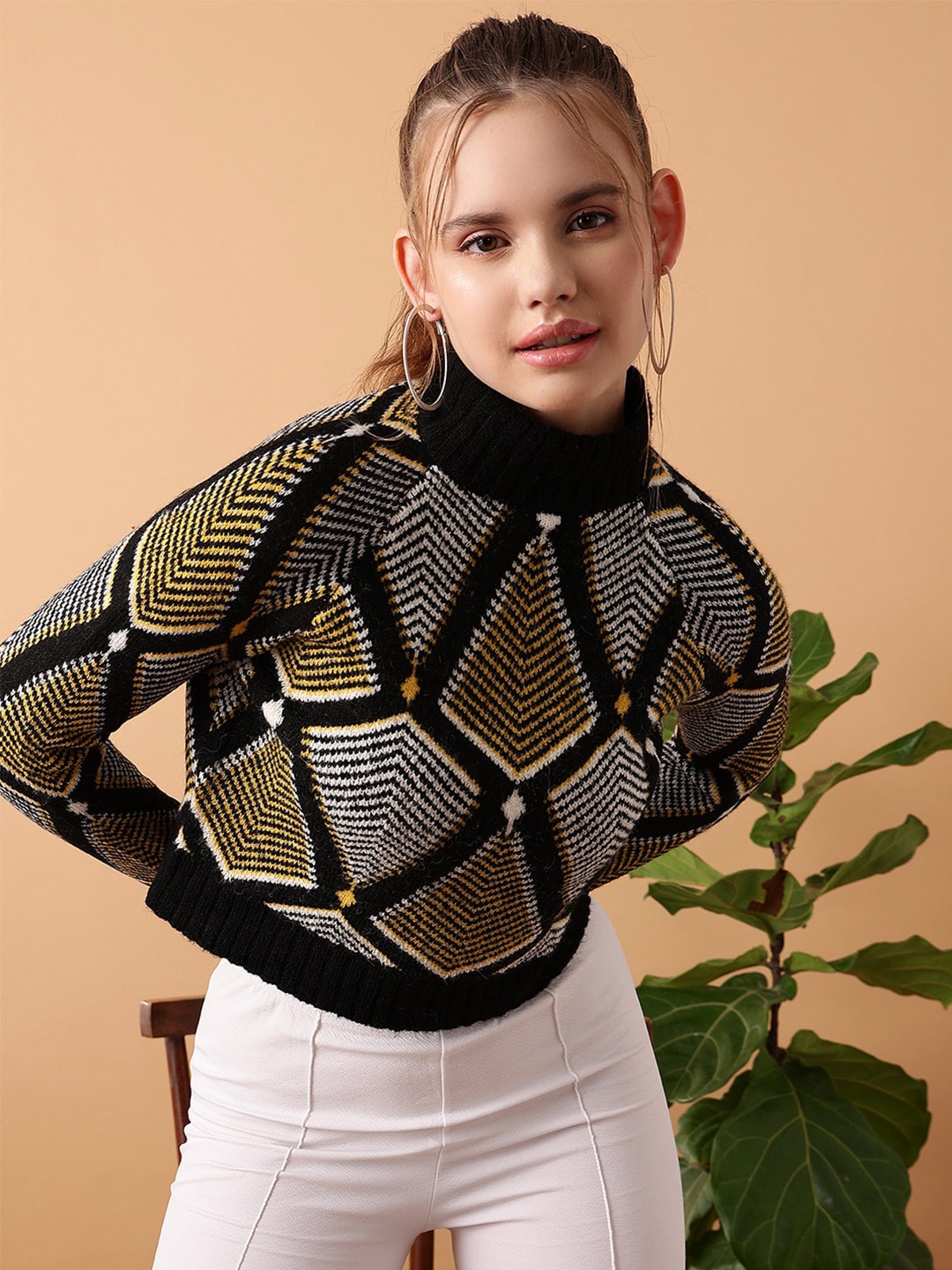 

STREET 9 Geometric Printed Turtle Neck Ribbed Jacquard Acrylic Pullover, Black