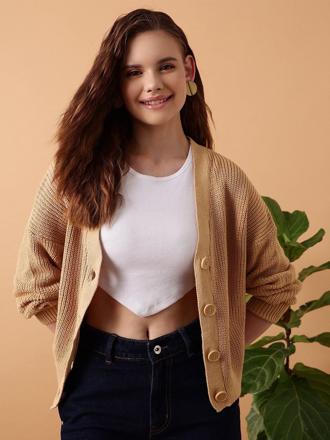 

STREET 9 Ribbed V-Neck Cardigan Acrylic Sweater, Beige