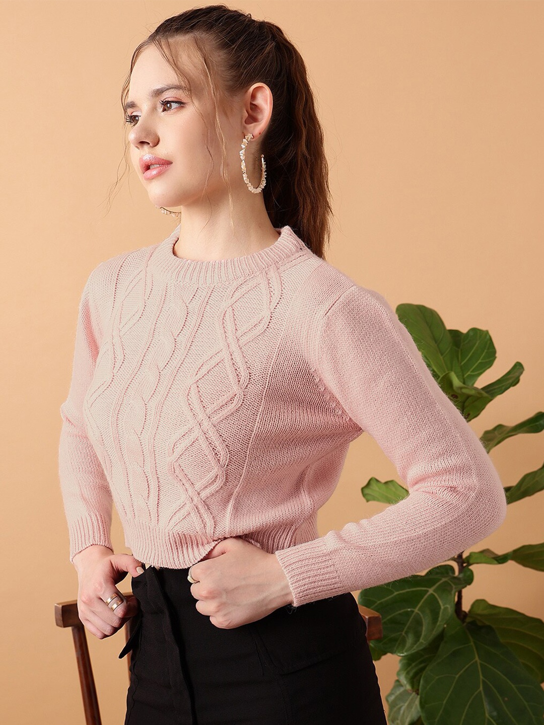 

STREET 9 Cable Knit Crop Acrylic Pullover Sweater, Pink