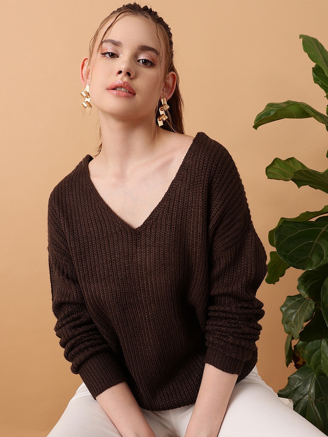 

STREET 9 Ribbed V-Neck Acrylic Pullover Sweater, Brown