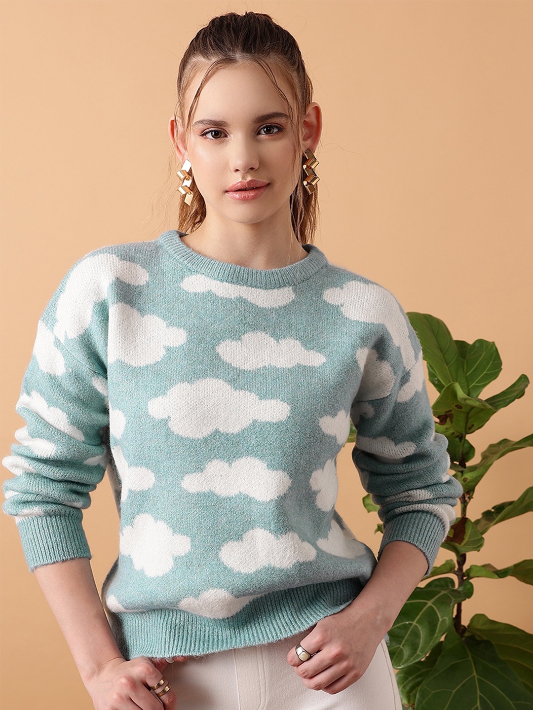 

STREET 9 Abstract Printed Acrylic Pullover Sweater, Blue