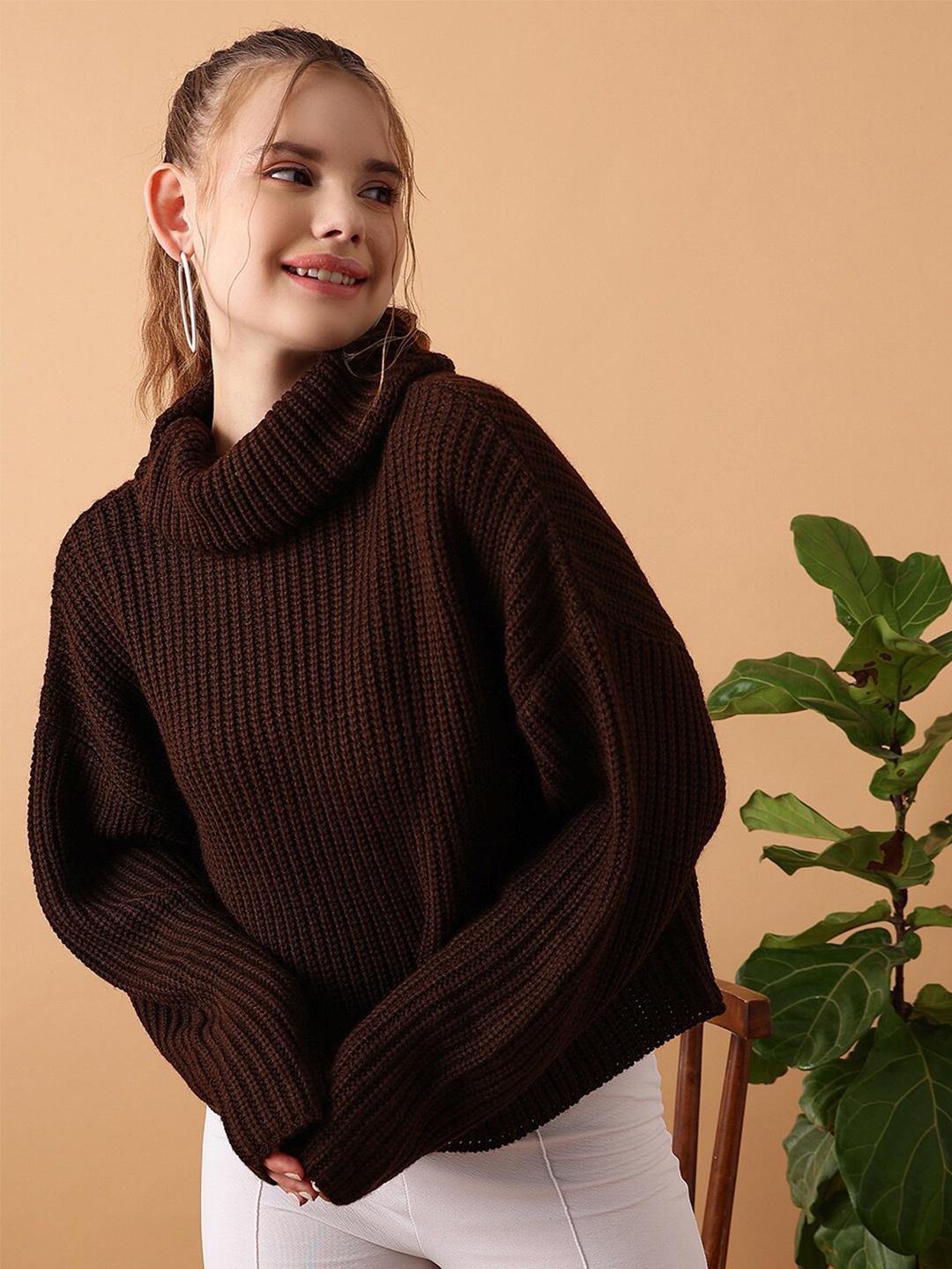 

STREET 9 Ribbed Turtle Neck Acrylic Pullover Sweater, Brown